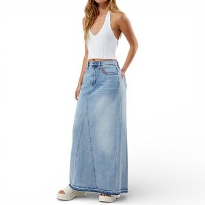 Circus NY Denim Maxi Skirt Blue High Rise Back Slit Frayed Hem 27